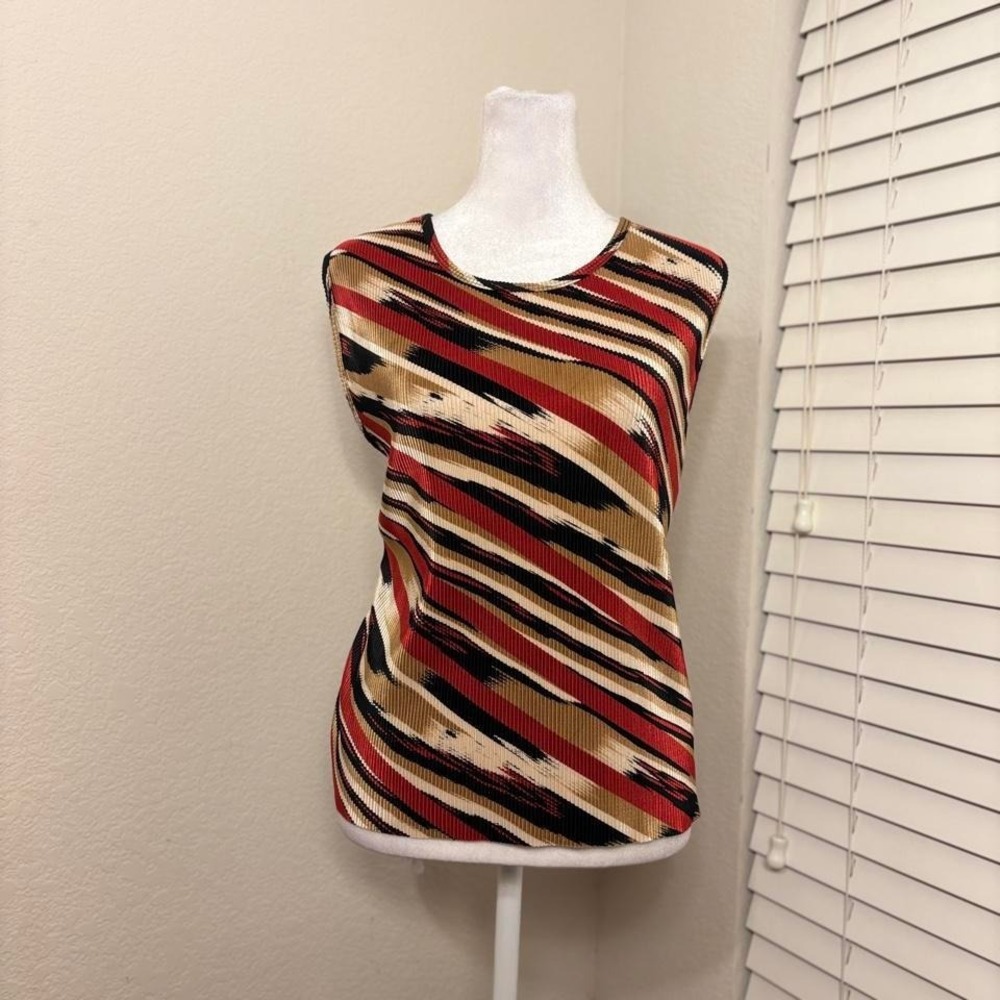 Vtg Y2K Red Black Striped Plisse‎ Sleeveless Tank Top Abstract Artsy Pleated XL